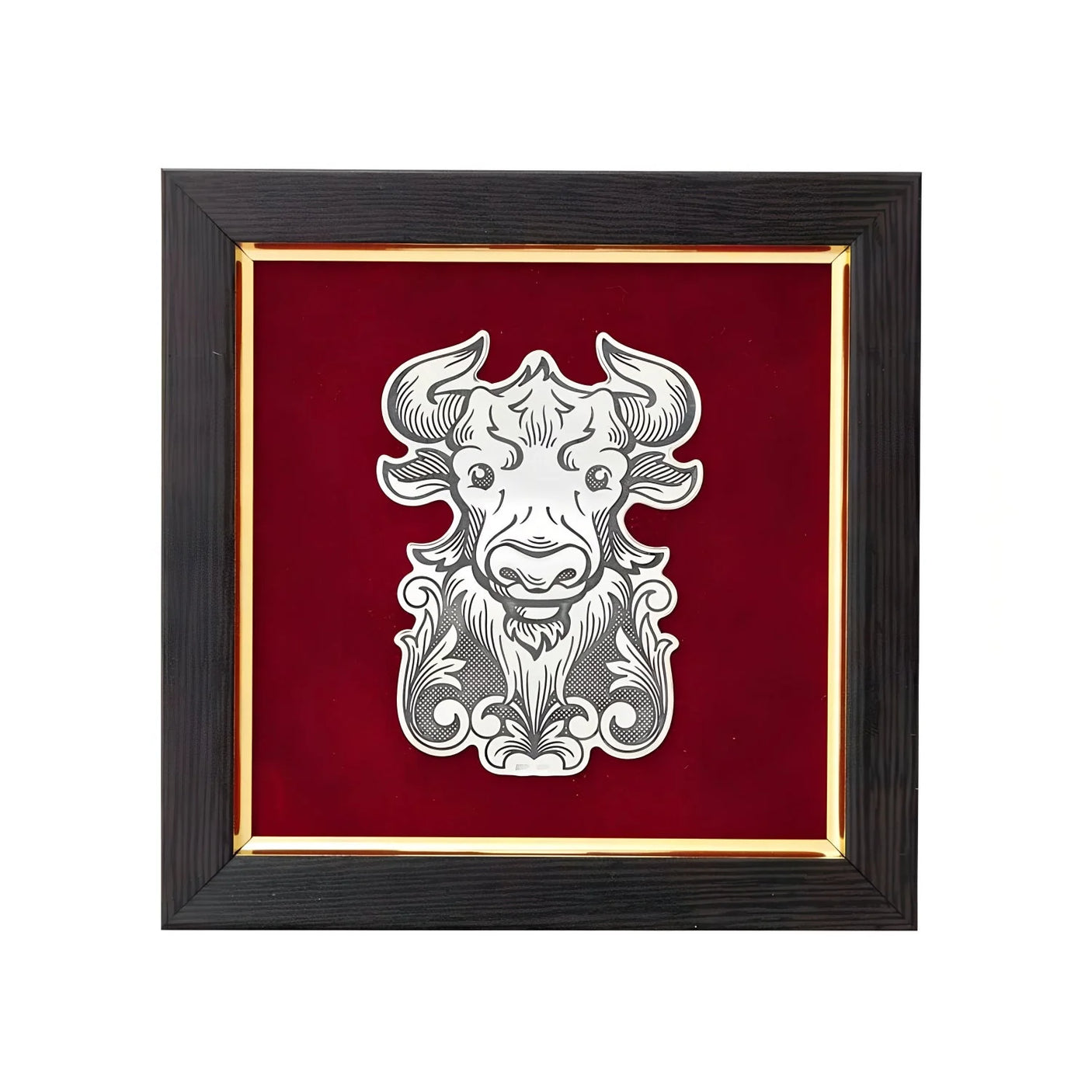Wandbild 925 Silber Sternzeichen Stier — Silber-Relief mit Stierkopf auf rotem Samt im Holzrahmen