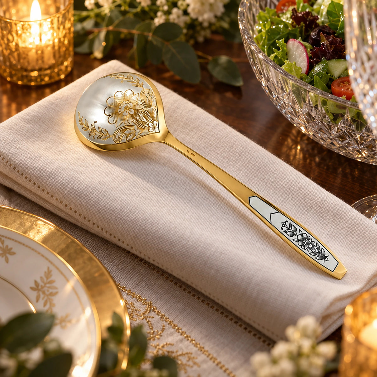 Salatlöffel 925 Silber vergoldet Astra Classic — Lifestyle-Setting an der gedeckten Tafel