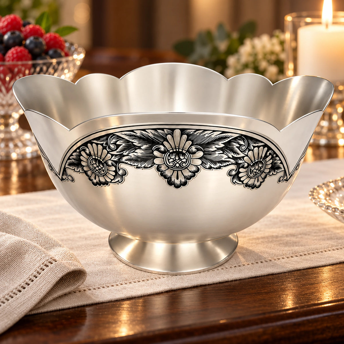 Salatschüssel 925 Silber Niello 1450 ml — Lifestyle-Setting am Serviertisch