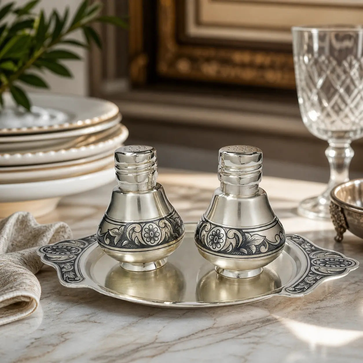 Salz und Pfefferstreuer Set 925 Silber mit Niello Verzierung aus der Marchant Kollektion, stilvoll auf gedecktem Tisch