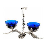 Salzgefäß 925 Silber Zaramella — zwei kobaltblaue Glasschalen in Akanthusfassung mit Mittelgriff
