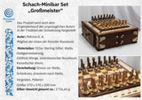 Schach-Minibar Großmeister 925 Silber Niello — geöffnete Edelholz-Box mit aufgebauten Schachfiguren, Luxusgeschenk