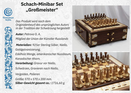 Schach-Minibar Großmeister 925 Silber Niello — geöffnete Edelholz-Box mit aufgebauten Schachfiguren, Luxusgeschenk