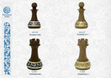Schachfiguren Bauer und Turm 925 Silber Niello und vergoldet — Edelholz-Figuren mit silbernem und goldenem Sockelband