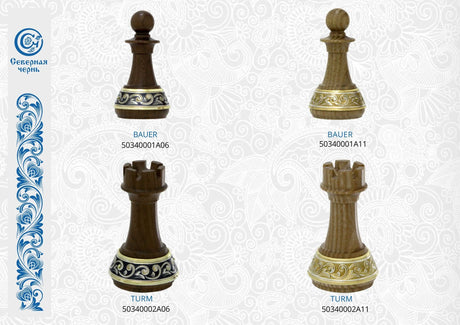 Schachfiguren Bauer und Turm 925 Silber Niello und vergoldet — Edelholz-Figuren mit silbernem und goldenem Sockelband
