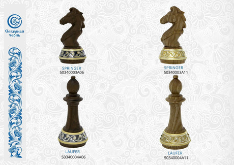 Schachfiguren Springer und Läufer 925 Silber Niello und vergoldet — Edelholz mit Niello- und Gold-Ornamentsockel