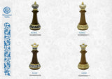 Schachfiguren König und Dame 925 Silber Niello und vergoldet — Edelholz-Korpus mit silbernem und goldenem Ornamentsockel