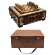 Schach-Minibar 925 Silber mit Niello — Edelholz-Box mit Schachfiguren und brauner Transporttasche, Luxusgeschenk