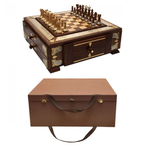 Schach-Minibar 925 Silber mit Niello — Edelholz-Box mit Schachfiguren und brauner Transporttasche, Luxusgeschenk