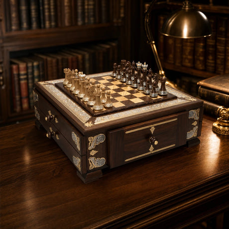 Schach-Minibar Großmeister aus 925 Sterling Silber mit Niello, Vergoldung und Edelholz auf einem Nussbaumtisch in einer Bibliothek — Lifestyle