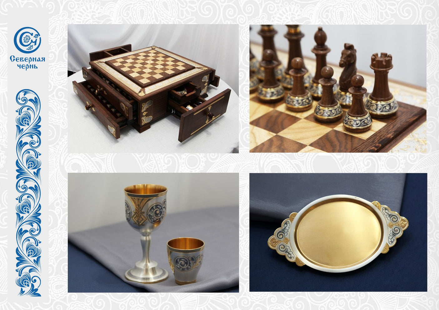 Handgefertigte Schachfiguren aus Edelholz mit 925 Silber, Niello und Goldverzierungen – kunstvolle Verarbeitung für Sammler.