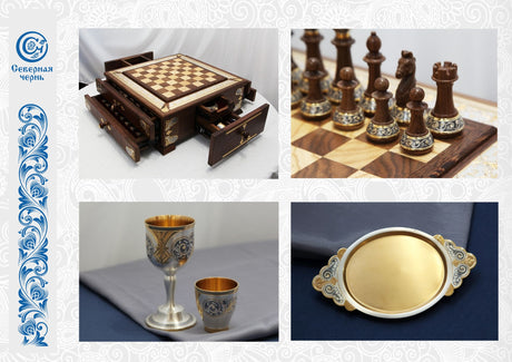 Handgefertigte Schachfiguren aus Edelholz mit 925 Silber, Niello und Goldverzierungen – kunstvolle Verarbeitung für Sammler.