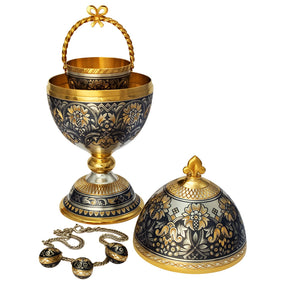 Exklusive Schmuckdose aus 925 Silber vergoldet mit Niello-Muster, Souvenir-Ei & Kette – luxuriöses Sammlerstück in Geschenkbox.