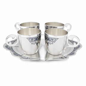 Edles Trinkbecker Set 5-teilig mit Serviertablett aus 925er Silber mit Niello-Verzierung, echte Männergeschenke.
