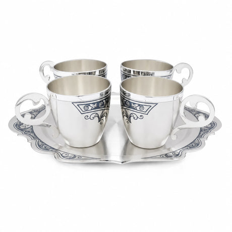 Edles Trinkbecker Set 5-teilig mit Serviertablett aus 925er Silber mit Niello-Verzierung, echte Männergeschenke.