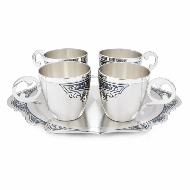 Edles Trinkbecker Set 5-teilig mit Serviertablett aus 925er Silber mit Niello-Verzierung, echte Männergeschenke.