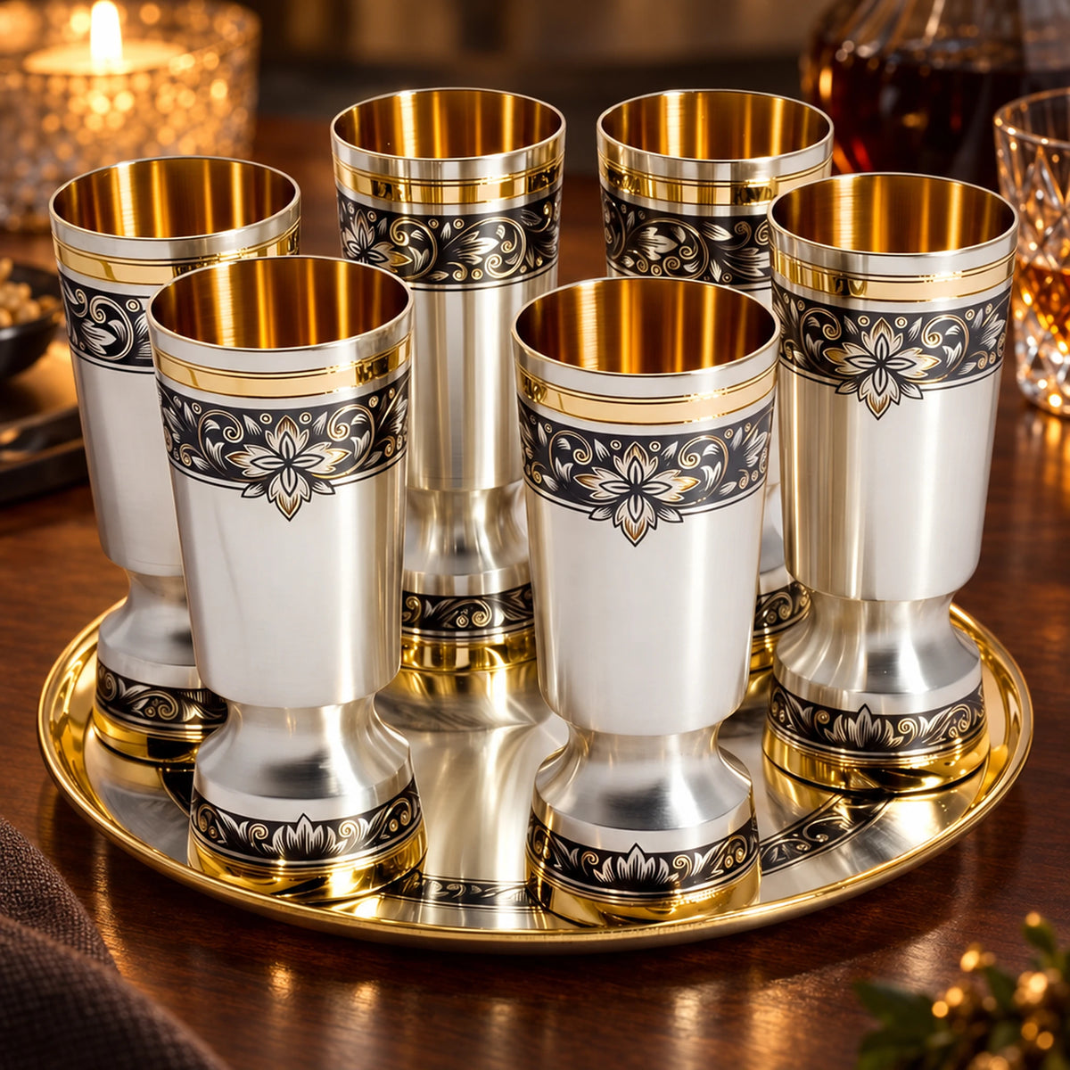 Schnapsbecher-Set Silber 925 Niello 7-tlg — Lifestyle-Setting am Weintisch