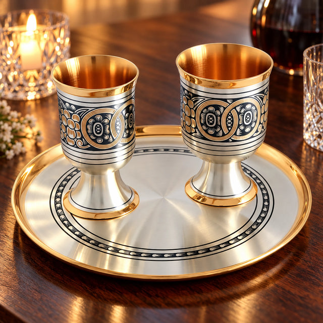 Hochzeitsgeschenk Silber 925 Niello — Lifestyle-Setting am Weintisch