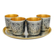 Schnapsgläser Set 925 Silber Niello 5-teilig — vier Becher mit dunklem Trauben-Ornament und Goldinnenraum auf Tablett