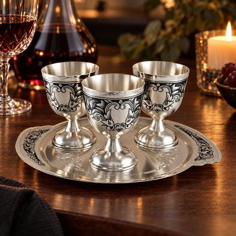 Schnapsgläser Set 925 Silber Niello 4-teilig — Lifestyle-Setting am Weintisch