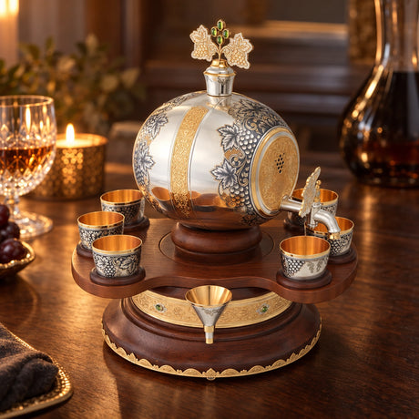 Schnapsgläser Set 925 Silber Niello Weinreben 8-teilig — Lifestyle-Setting am Weintisch