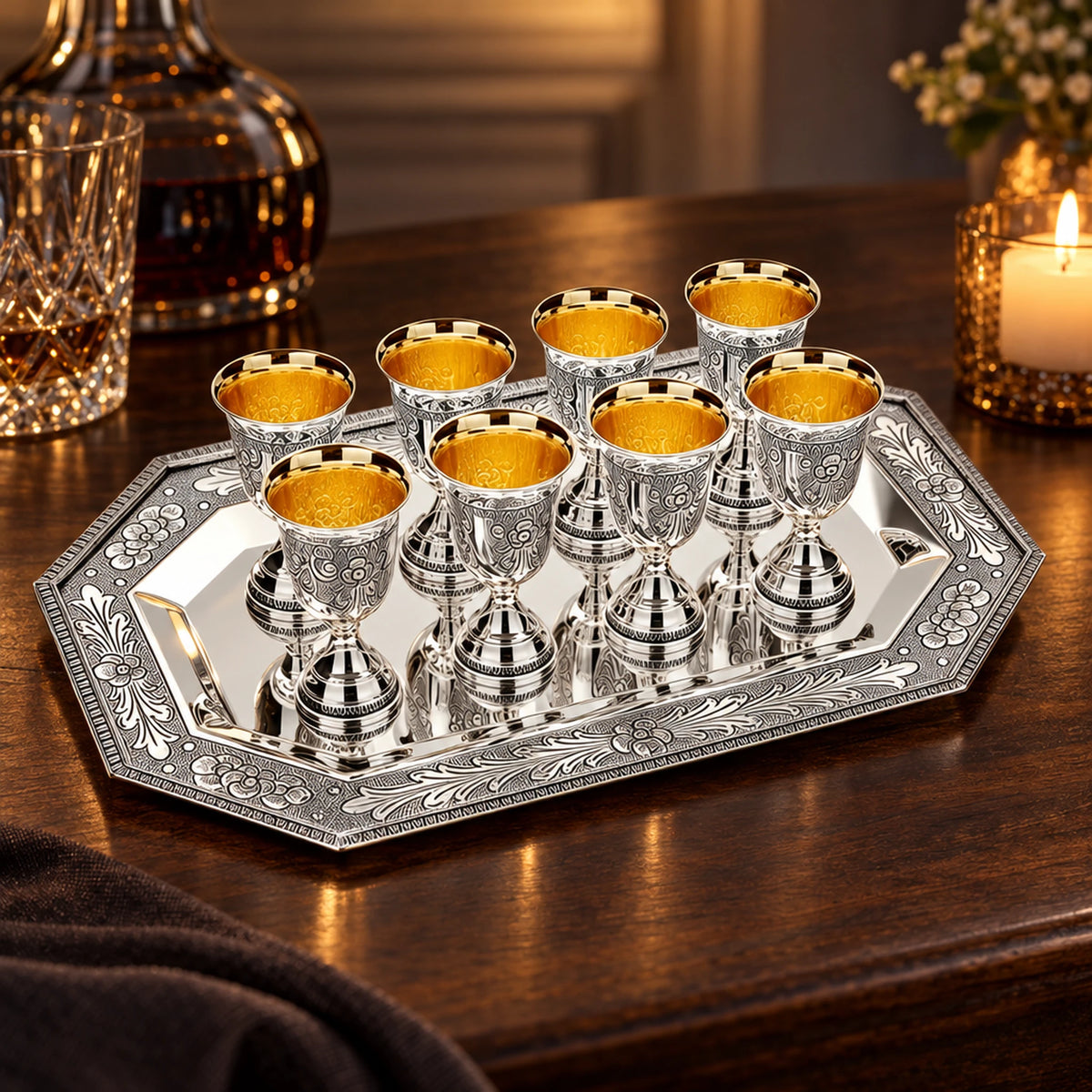 Schnapsgläser Set mit Silbertablett 9-teilig 925 Silber Mohn — Lifestyle-Setting am Weintisch