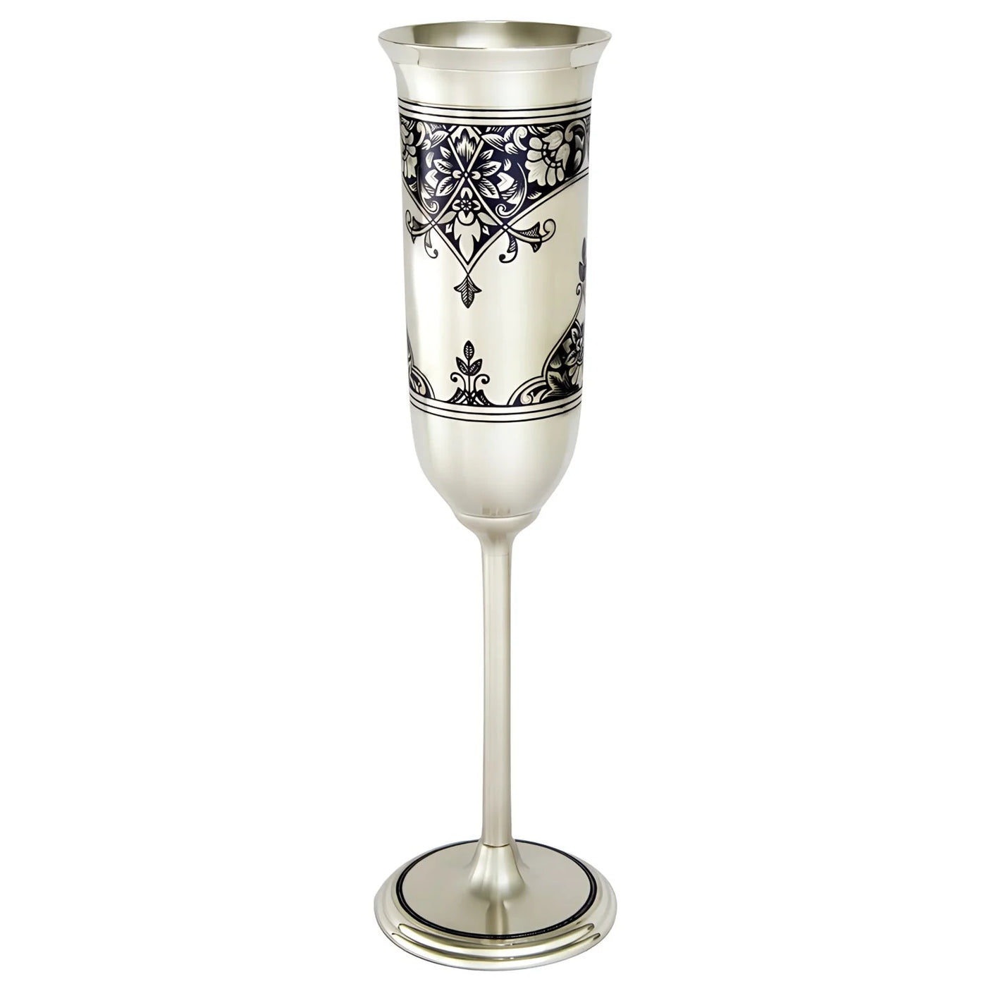 Sektglas 925 Silber Niello — Champagner-Kelch mit dunklem Blütenornament am hohen Schlanken Kelch