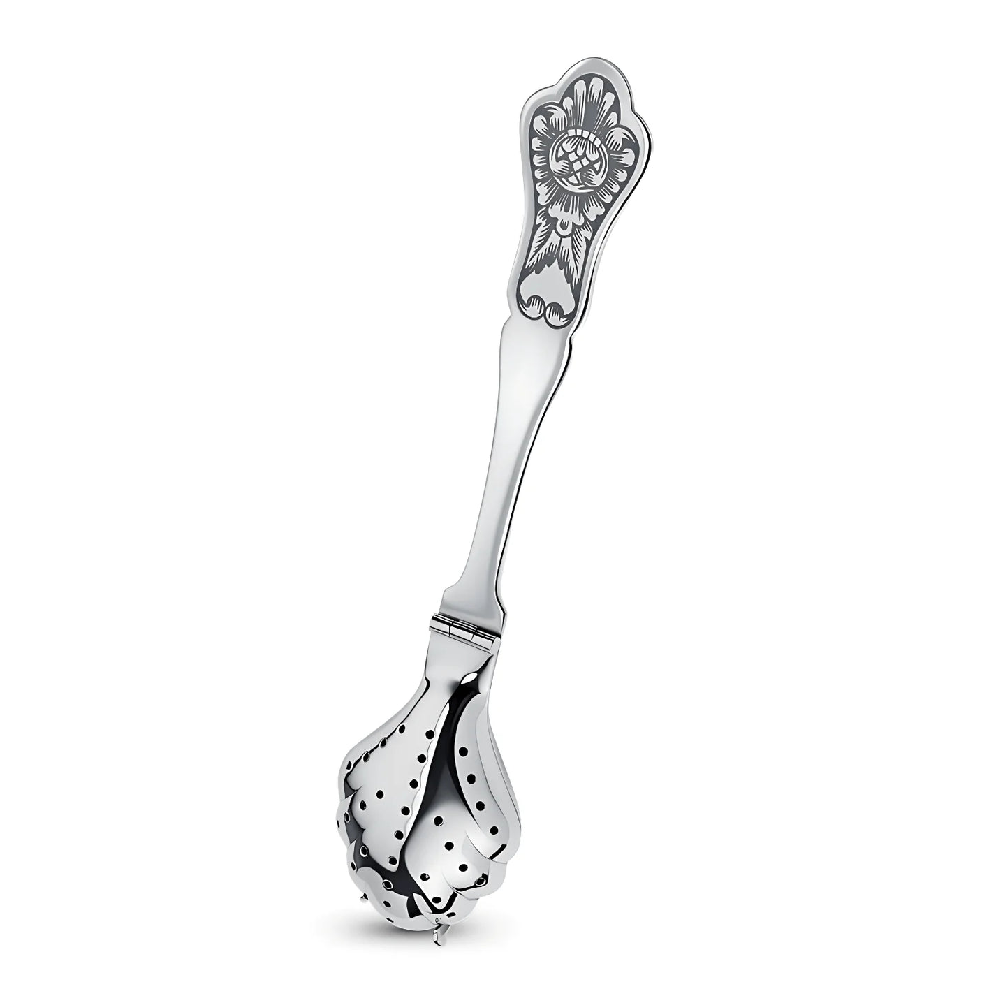 Teesieblöffel 925 Silber mit Relief-Blütenornament am Griff und durchlöchertem Sieblöffel — Nielloa Fantasie, glänzend