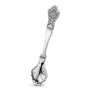 Teesieblöffel 925 Silber mit Relief-Blütenornament am Griff und durchlöchertem Sieblöffel — Nielloa Fantasie, glänzend