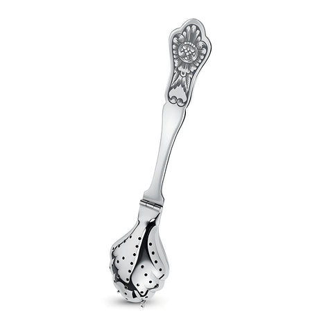 Teesieblöffel 925 Silber mit Relief-Blütenornament am Griff und durchlöchertem Sieblöffel — Nielloa Fantasie, glänzend