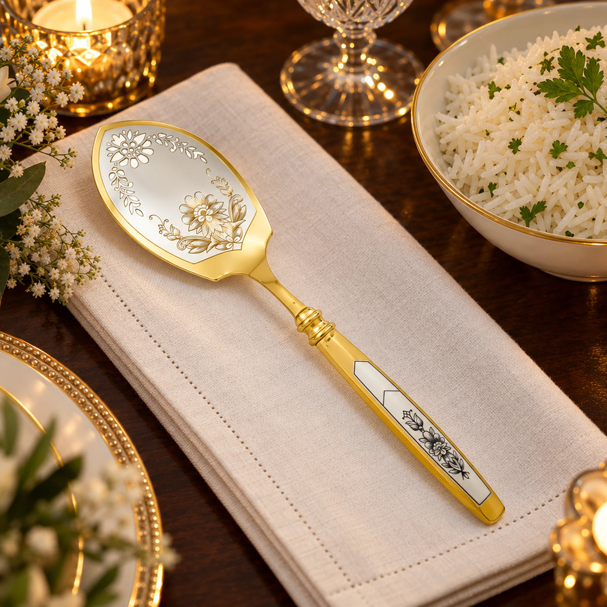 Servierlöffel für Reisgerichte 925 Silber vergoldet Astra Classic — Lifestyle-Setting an der gedeckten Tafel
