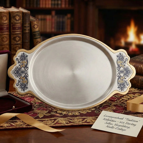 Serviertablett 925 Silber vergoldet Tradition – Niello-Griffe im edlen Wohnambiente