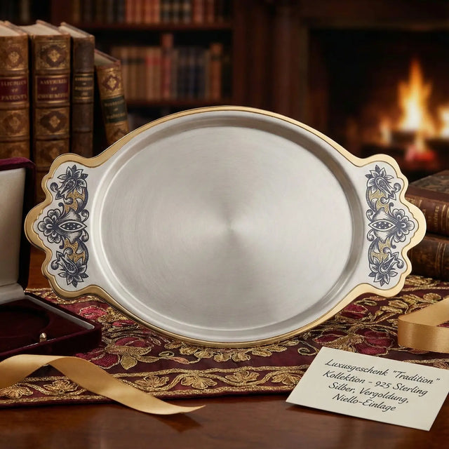 Serviertablett 925 Silber vergoldet Tradition – Niello-Griffe im edlen Wohnambiente
