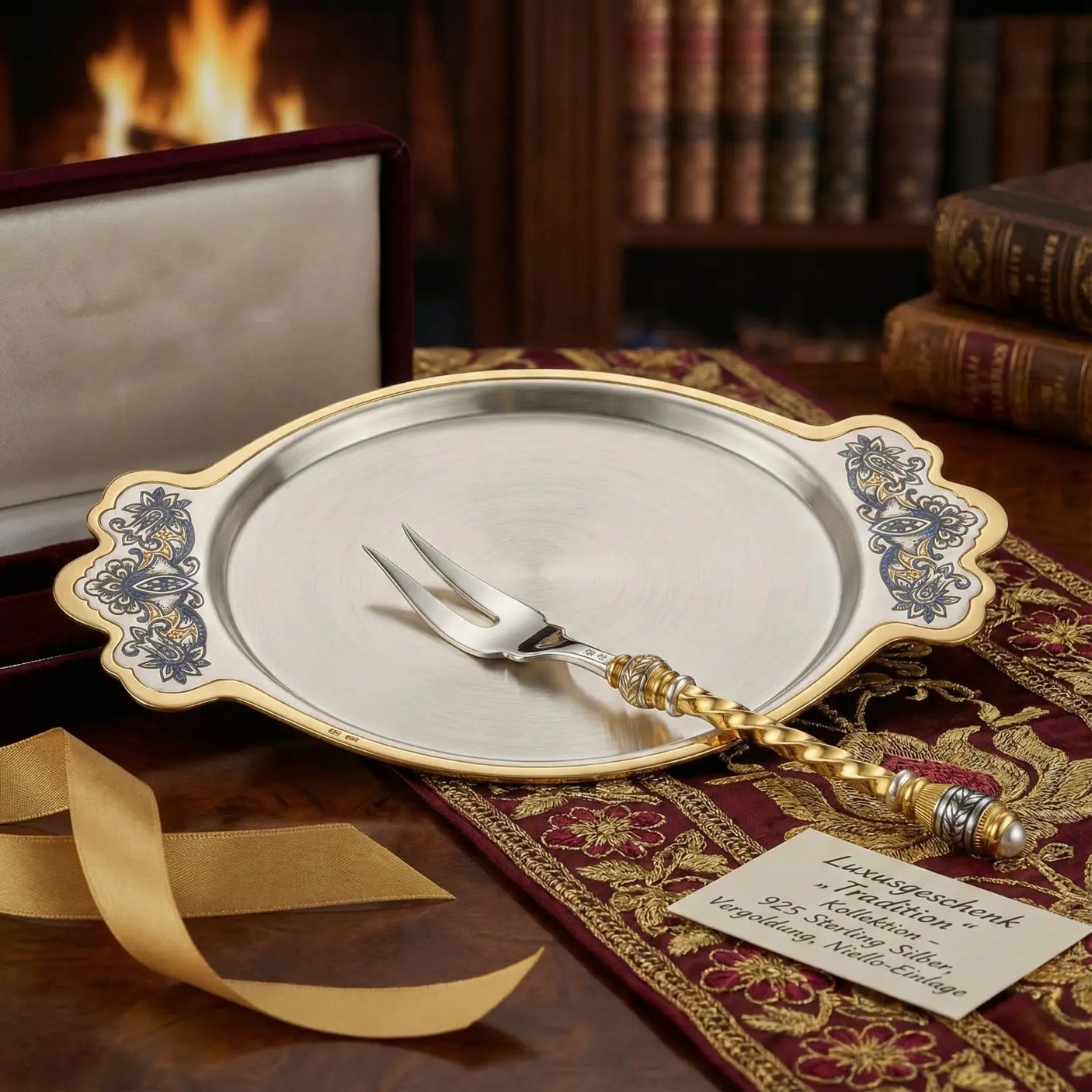 Servier-Set Tradition 925 Silber vergoldet – Tablett & Zitronengabel im luxuriösen Ambiente