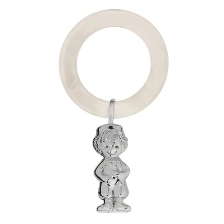 Babyrassel 925 Silber — 3D-Junge-Figur mit Schirmmütze und Ball an perlweißem Acryl-Beißring, Zaramella