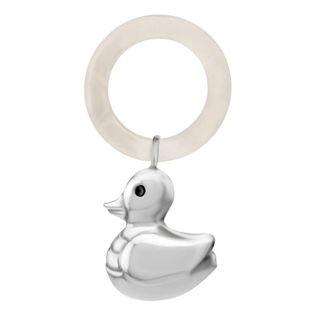 Babyrassel 925 Silber Ente: Schwimm-Ente-Anhänger an perlmutt-weißem Acrylring-Beißring.