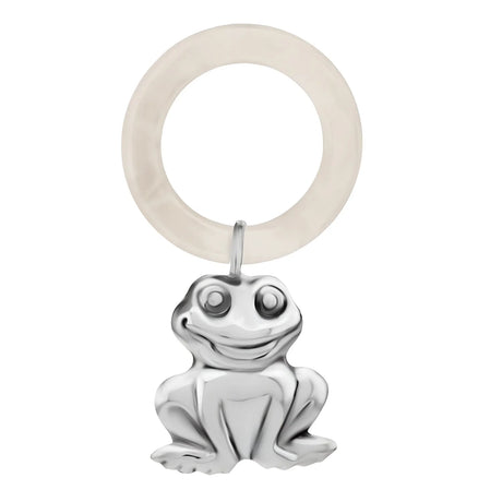 Babyrassel 925 Silber Frosch: kleiner Silber-Frosch-Anhänger an perlmutt-weißem Acrylring-Beißring.