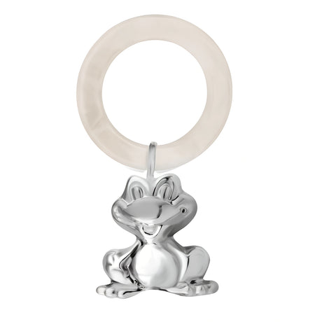 Baby-Beißring mit elfenbeinfarbenem Ring und silbernem Frosch-Anhänger – hochwertig, sicher und ideal als Geschenk zur Geburt.