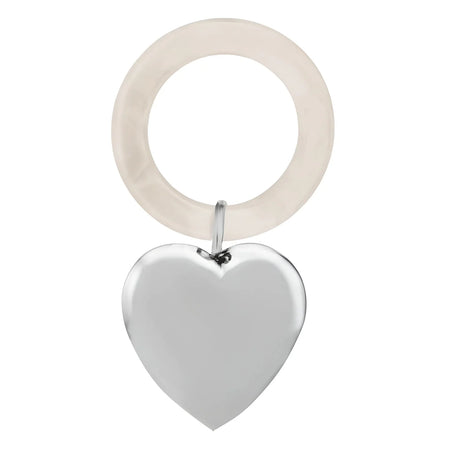 Babyrassel 925 Silber — großes 3D-Herz hochglanzpoliert an perlweißem Acryl-Beißring, gravierbar, Zaramella