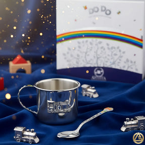 Baby Geschenkset 925 Silber – Kinderbecher & Taktil - Löffel Zug