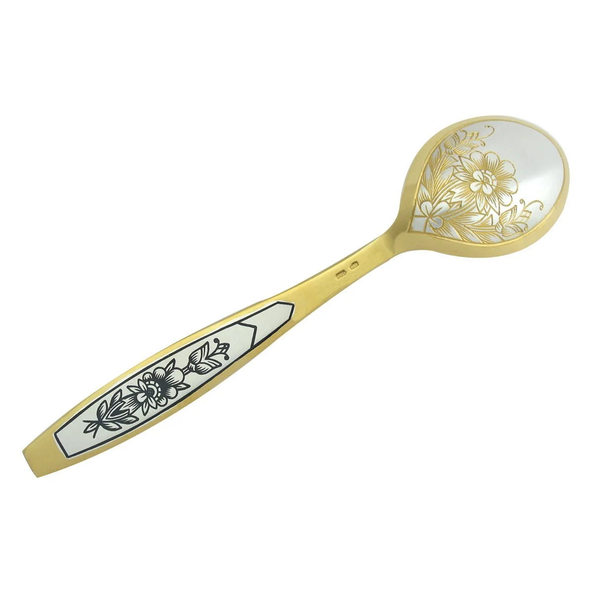 Teelöffel 925 Silber vergoldet Niello — Silberlöffel mit floralem Niello-Muster auf Laffe und Griff
