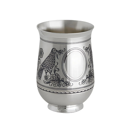 Silberbecher Turteltaube Niello-Motiv — Blütenranken und Vogel als Hochzeitsgeschenk