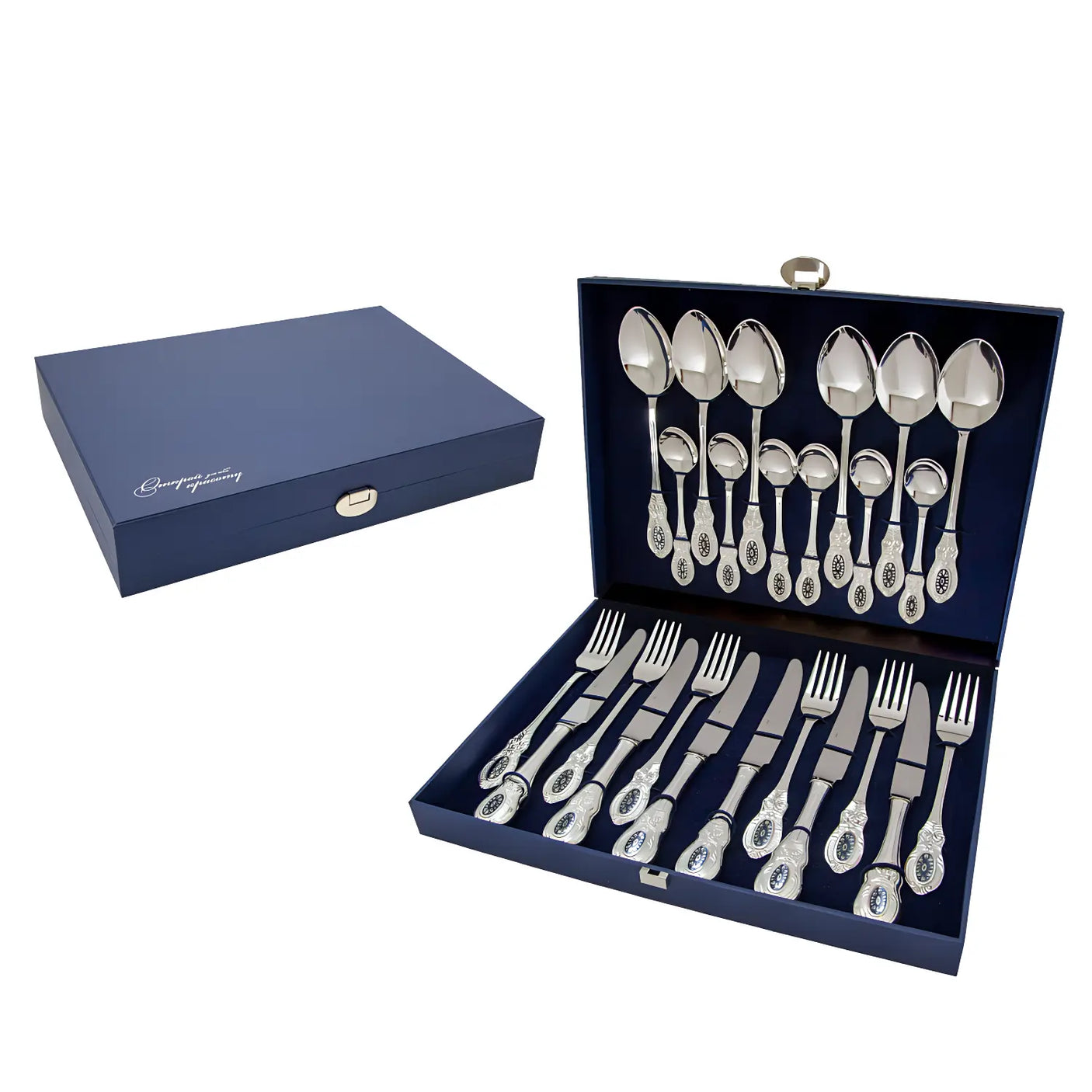 Silberbesteck Set Merchant Niello – 24-teiliges Besteck mit Niello-Verzierung in Geschenkbox.