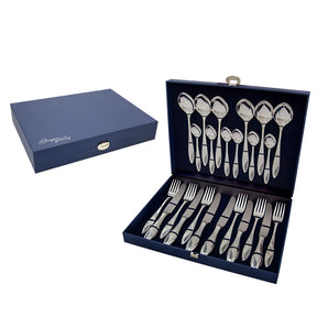 Elegantes, 24-teiliges Silberbesteck-Set im Sunflower Black Design aus 925 Sterling Silber mit Niello-Verzierung in der Geschenkbox.