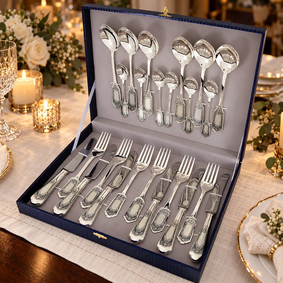 Silberbesteck Set 925 Silber Family 24-teilig in der Geschenkkassette — Lifestyle-Setting an der gedeckten Tafel