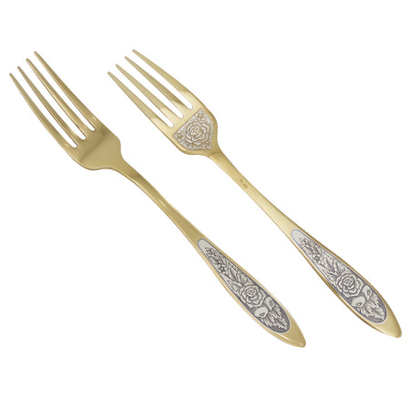 Menügabeln aus dem Silberbesteck Set PROVENCE Gold, handgraviert und mit Niello-Verzierung.