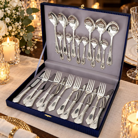 Silberbesteck Set 24-teilig - Relief Design - 925 Sterling Silber in der Geschenkkassette — Lifestyle-Setting