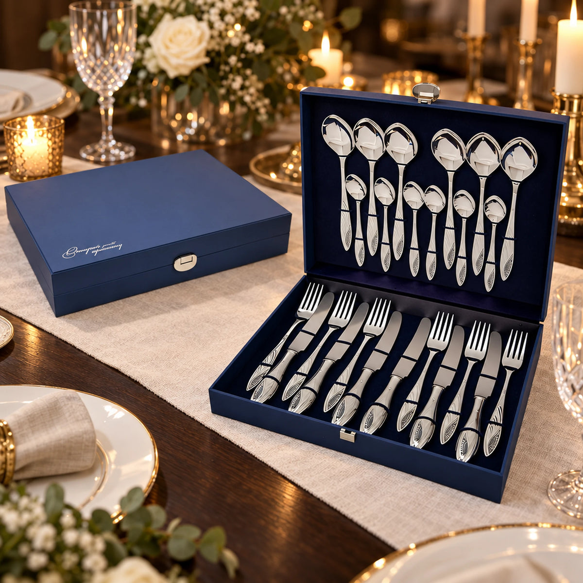 Silberbesteck Set 24-tlg. Sunflower Black in der Geschenkkassette — Lifestyle-Setting