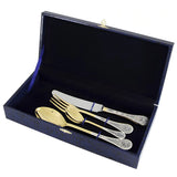 Luxus Besteckset 4-teilig Silber vergoldet mit Ornamenten in blauer Geschenkbox - Premium Silberbesteck.