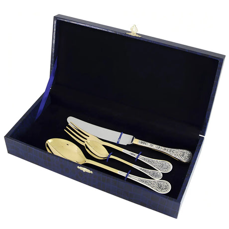 Luxus Besteckset 4-teilig Silber vergoldet mit Ornamenten in blauer Geschenkbox - Premium Silberbesteck.